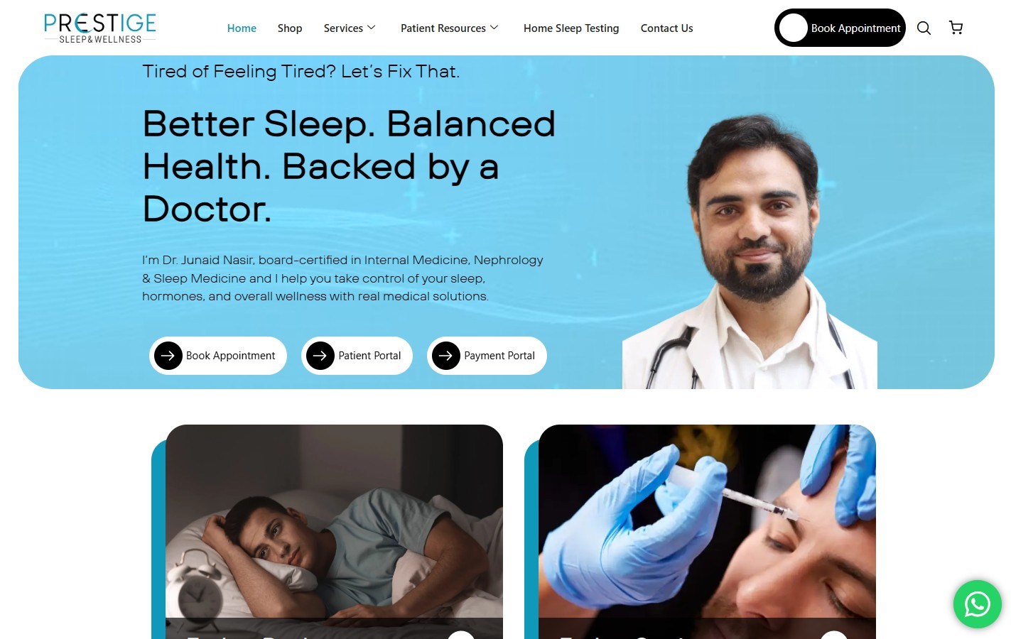 Prestige Sleep and Wellness website screenshot
